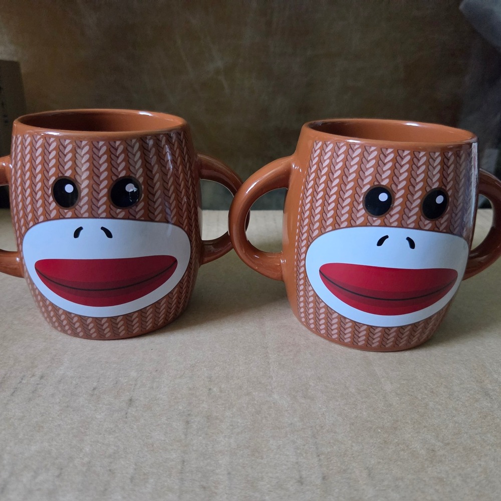 Galerie Sock Monkey Coffee Mugs Set of 2‎ Brown Knit Pattern Ceramic 36374